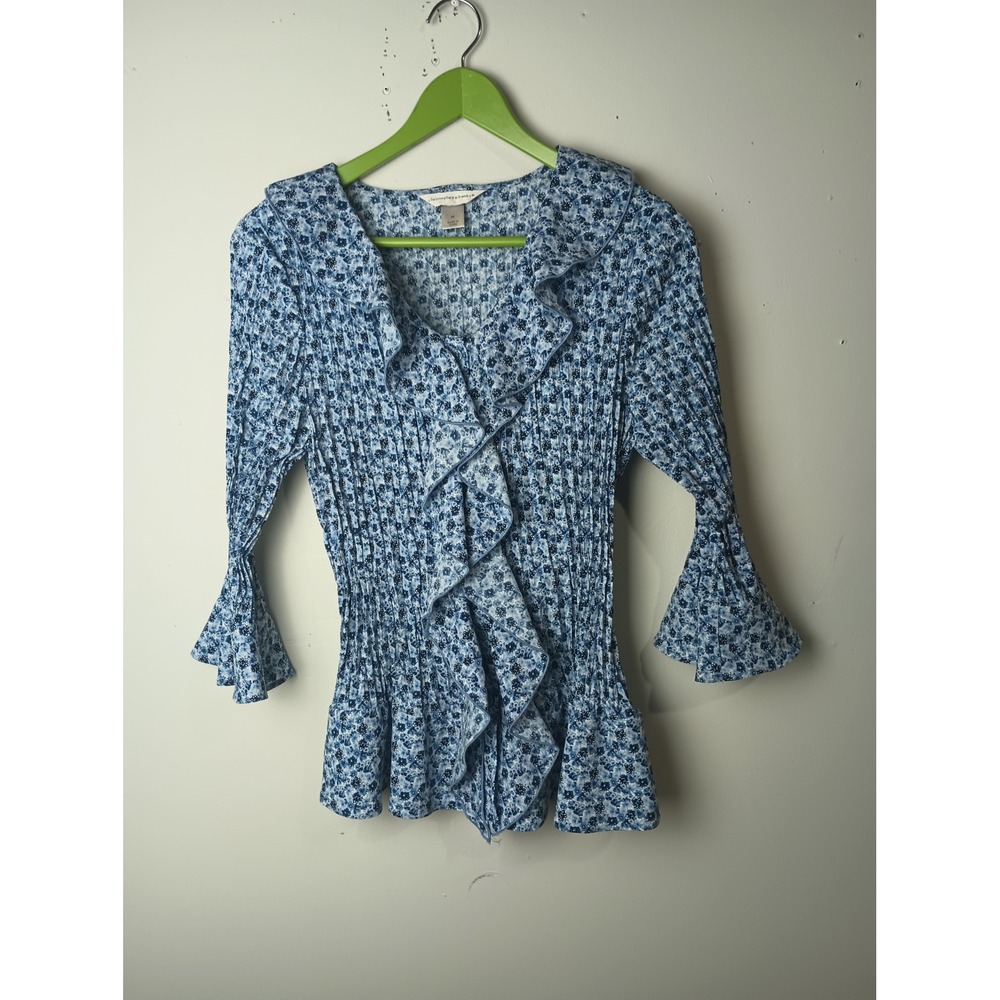 Vintage Christopher & Banks Y2K Blue‎ Floral Ruffle Bell Sleeve Pleated Blouse M